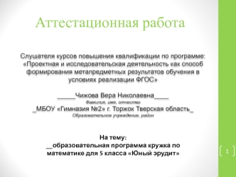 Аттестационная работа. Образовательная программа кружка по математике Юный эрудит. (5 класс)