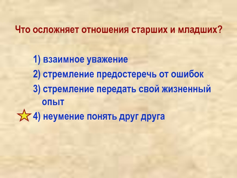 Уважающий 2. Что из перечисленного осложняет отношения старших и младших. Предостеречь от ошибки.