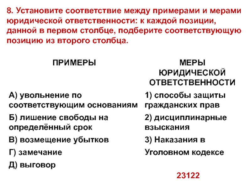 8. Установите соответствие между примерами и мерами юридической ответственности: к каждой позиции,