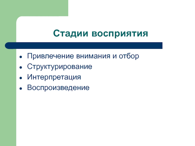 Стадии восприятия Привлечение внимания и отбор Структурирование Интерпретация Воспроизведение