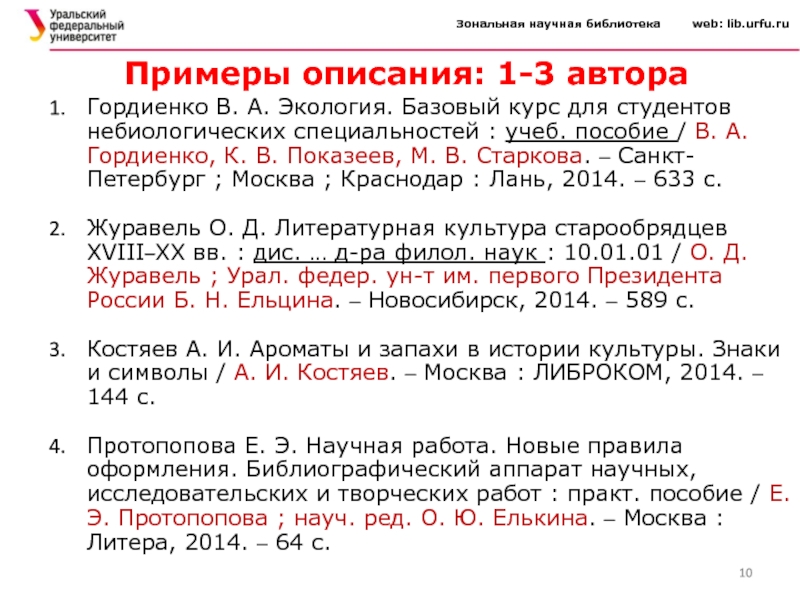 Оформление библиографического списка 2024. Оформление библиографического описания. Научное описание пример. Зональная научная библиотека УРФУ. Правила оформления библиографических ссылок.