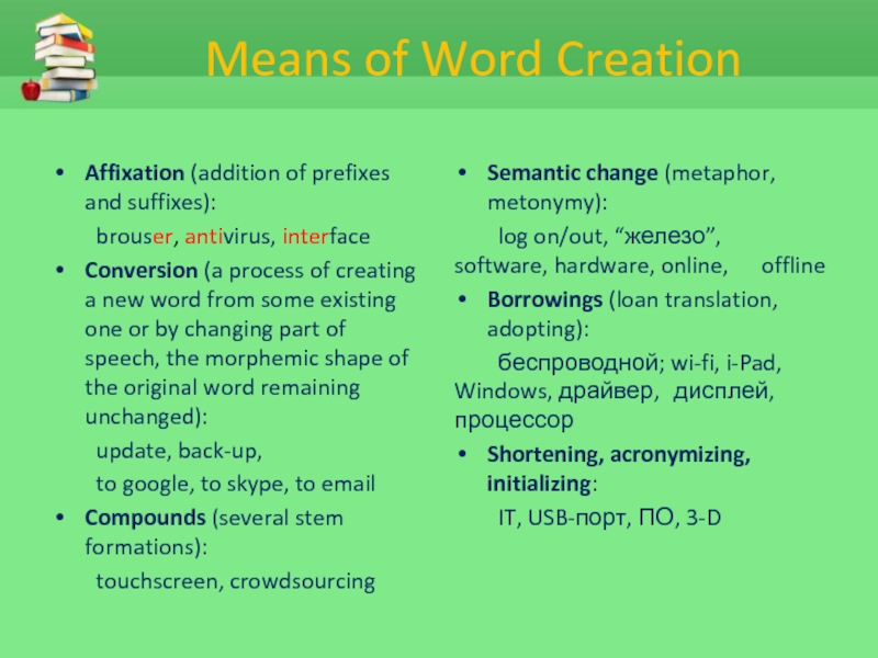 Means of Word Creation Affixation (addition of prefixes and suffixes): 	brouser, antivirus,