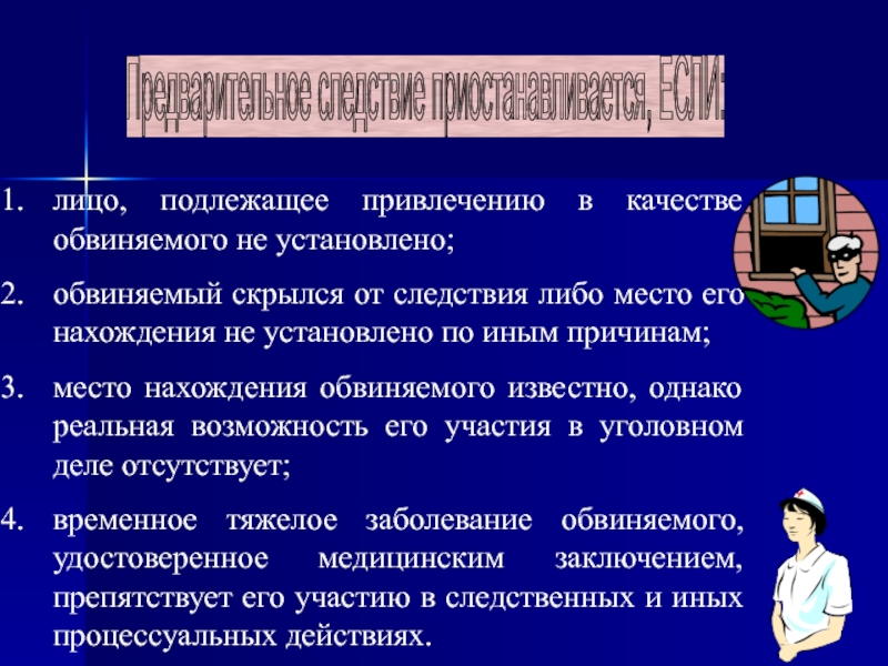 Расследование либо либо. Лицо, подлежащее привлечению в качестве обвиняемого, не установлено;. Подозреваемый скрылся от следствия. Место нахождения не установлено по иным причинам обвиняемого. Подозреваемый скрылся от следствия что делать.