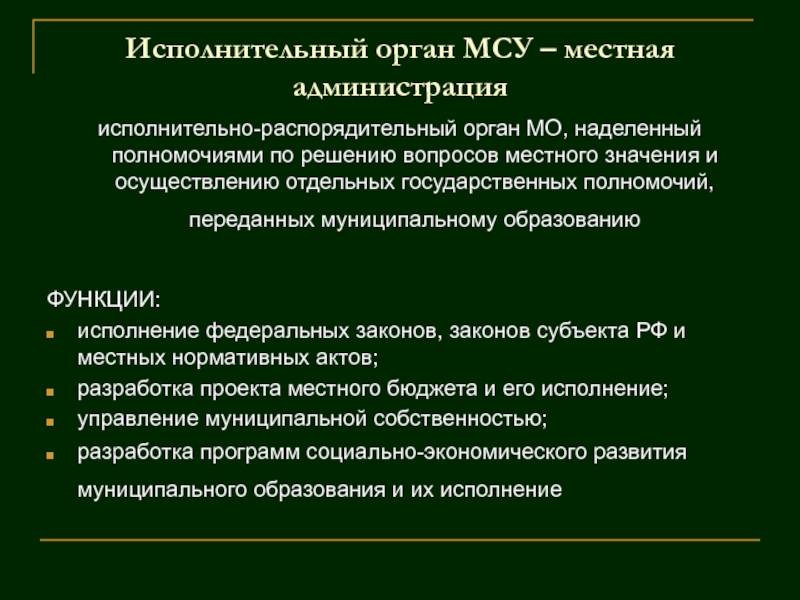 Органы местного самоуправления законодательная власть. Исполнительные органы местного самоуправления. Функции исполнительных органов местного самоуправления. Исполнительные органы МСУ. Полномочия исполнительного органа местного самоуправления.