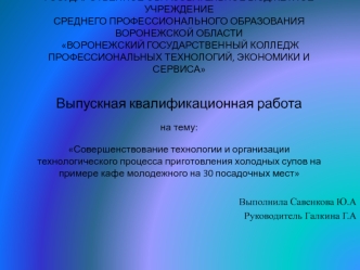 Организация технологического процесса приготовления холодных супов на примере кафе молодежного на 30 посадочных мест