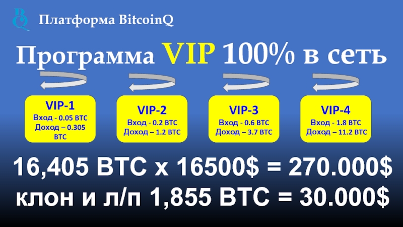 Платформа BitcoinQ VIP-1 Вход - 0.05 BTC Доход – 0.305 BTC VIP-2