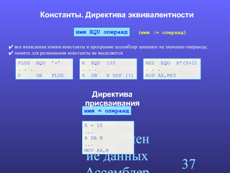 Операнды в системах счисления. Директива Equ ассемблера. Константы в ассемблере. Эквивалентность с константой. Эквивалентность в программировании.