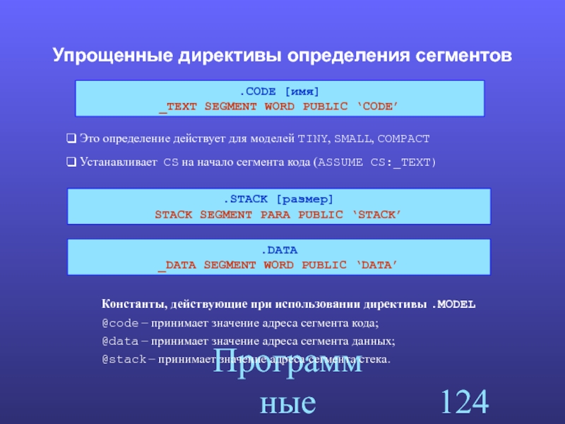 Model code. Упрощенные директивы определения сегментов. Директивы определения данных. Стандартные директивы управления сегментами. Сегмент данных.