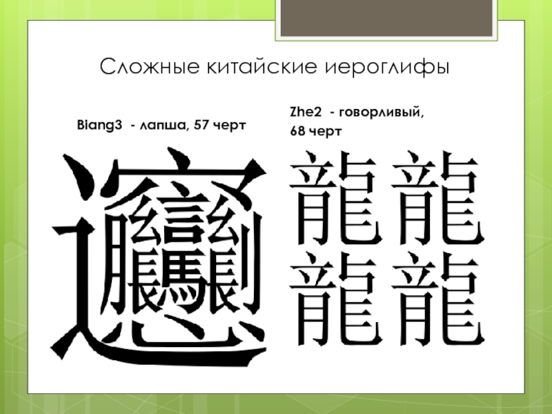 Сложные китайские иероглифыBiang3 - лапша, 57 чертZhe2 - говорливый, 68 черт