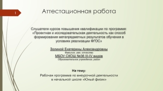 Аттестационная работа. Рабочая программа по внеурочной деятельности в начальной школе Юный физик