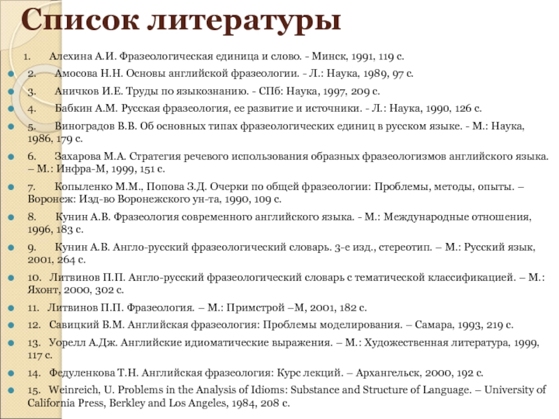 Список литературы 1. Амосова н.н основы английской фразеологии. Основы английской фразеологии. Список литературы в современной музыки. С97. 2 По мкб.