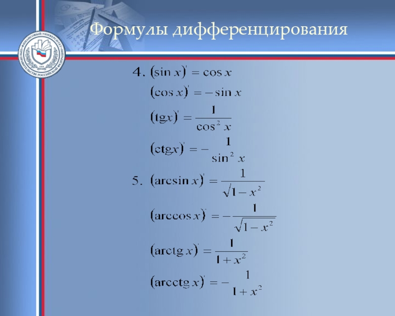 Производная arctg x. Формулы дифференцирования функций. Формулы табличного дифференцирования. Дифференциальные производные формулы. 2. Основные формулы дифференцирования.(производные)..