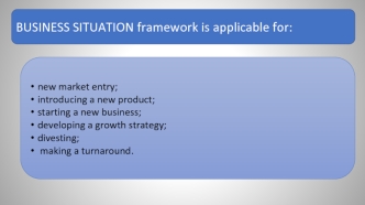 Business situation framework is applicable for: new market entry; introducing a new product; starting a new business