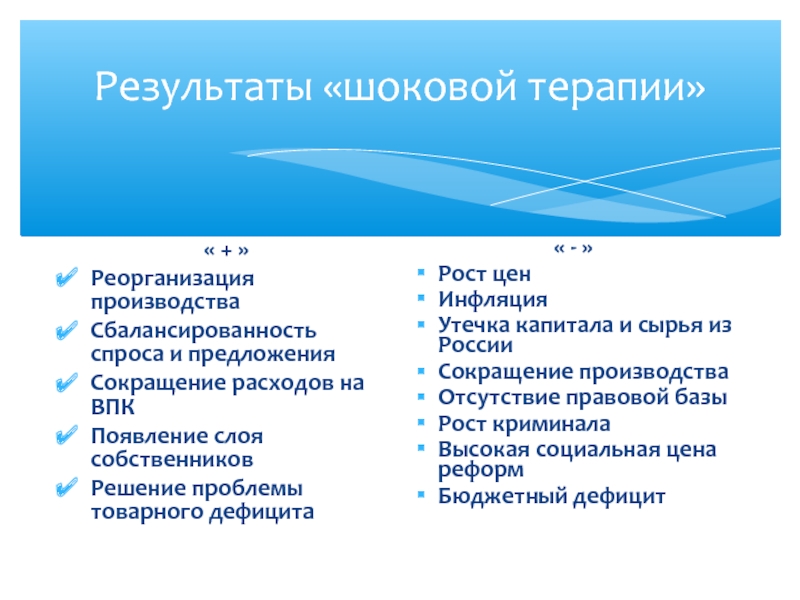 План шоковой терапии правительства гайдара предполагал