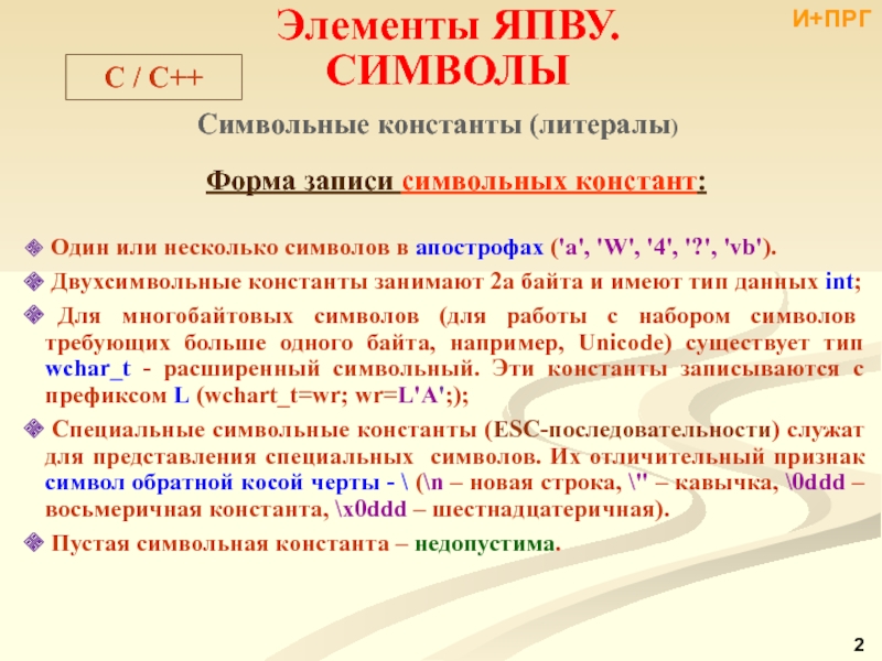 Символьная запись. Символьные константы. Символьные литералы. Элементы ЯПВУ кодировка. Константы литералы.