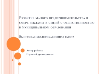 Развитие малого предпринимательства в сфере рекламы и связей с общественностью в муниципальном образовании