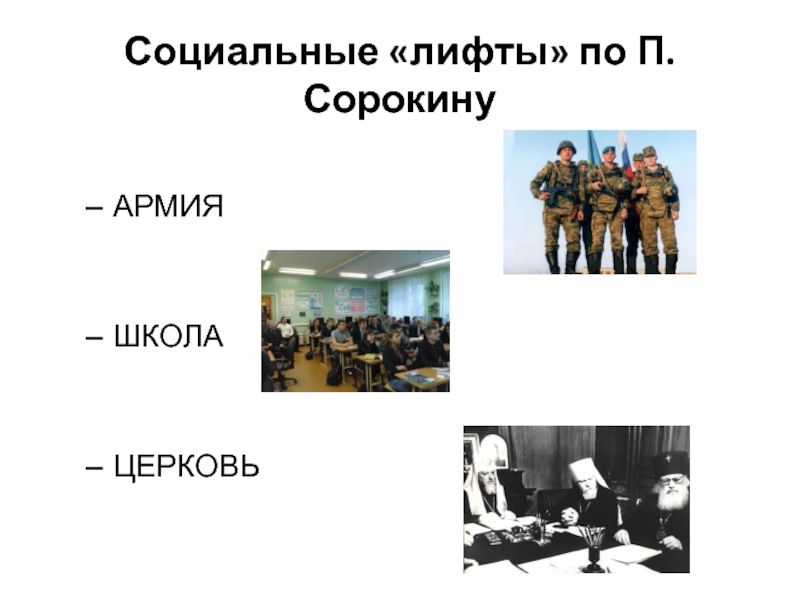 Социальные «лифты» по П.Сорокину  АРМИЯ   ШКОЛА   ЦЕРКОВЬ