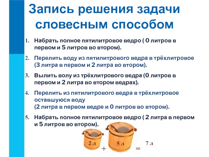 Табличная форма записи плана действий задачи о переливаниях 5 класс презентация