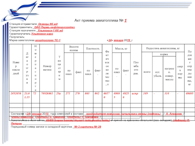 Акт 12. Прием авиатоплива. Договорных схем на поставку авиатоплива. Масса авиатоплива. Чек требование на авиатопливо.