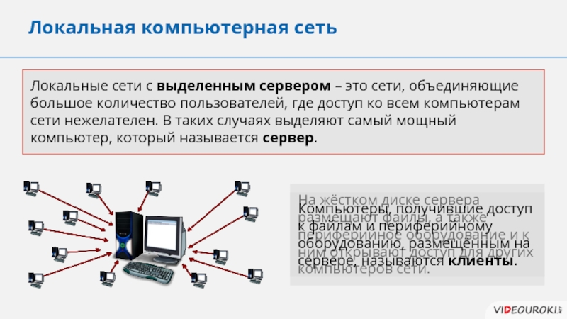 Специально выделенный. Сети с выделенным сервером позволяют пользователям. Локальная сеть в которой есть наиболее мощный компьютер сервер. Количество компьютеров в сети с выделенным сервером. Сеть, где нет специально выделяемого сервера называется:.