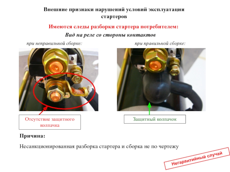 Вид на реле со стороны контактовИмеются следы разборки стартера потребителем:при правильной сборке:при неправильной сборке:Отсутствие защитного