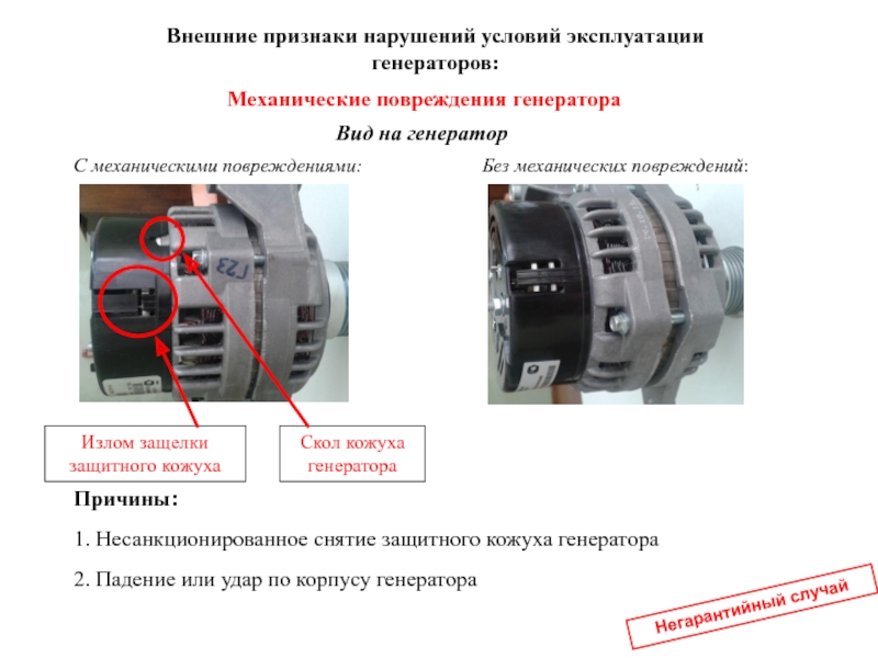 Внешние признаки нарушений условий эксплуатации генераторов:Механические повреждения генератора Вид на генераторБез механических повреждений:С механическими повреждениями:Излом