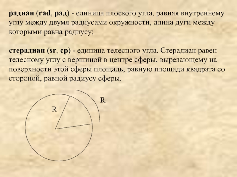 Угол между двумя радиусами. Единица плоского угла стерадиан. Единица плоского угла Радиан. Радиан плоского угла. Радиан и стерадиан.