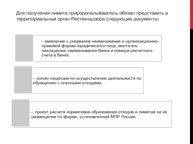 Для получения лимита природопользователь обязан представить в территориальный орган Ростехнадзора следующие документы: