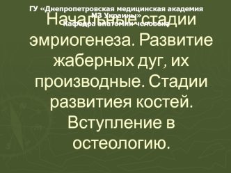 Начальные стадии эмриогенеза. Развитие жаберных дуг, их производные. Стадии развитиея костей. Вступление в остеологию