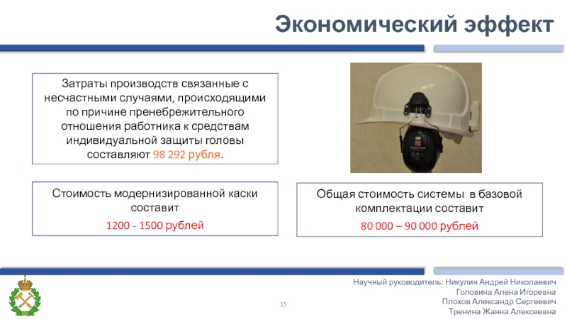 Экономический эффект Научный руководитель: Никулин Андрей НиколаевичГоловина Алена Игоревна Плохов Александр Сергеевич Тренина Жанна АлексеевнаСтоимость