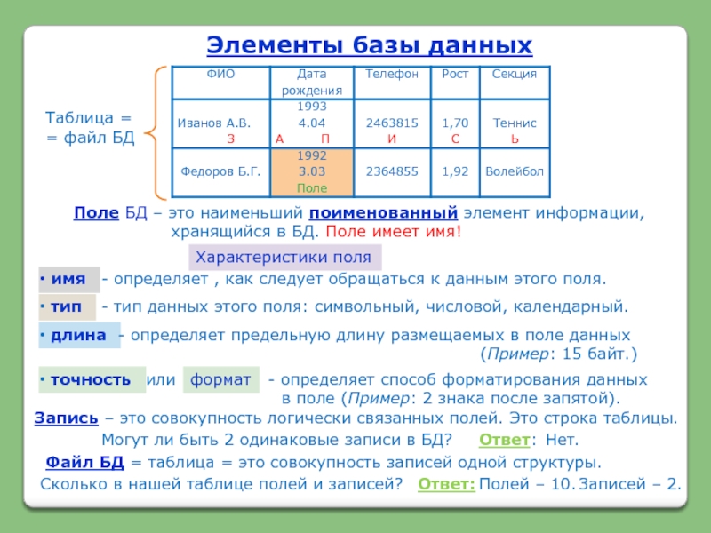 Запись в поле данных содержит. Элементы базы данных. Поле в базе данных это. Наименьший поименованный элемент в базе данных это. Элементы данных в БД.