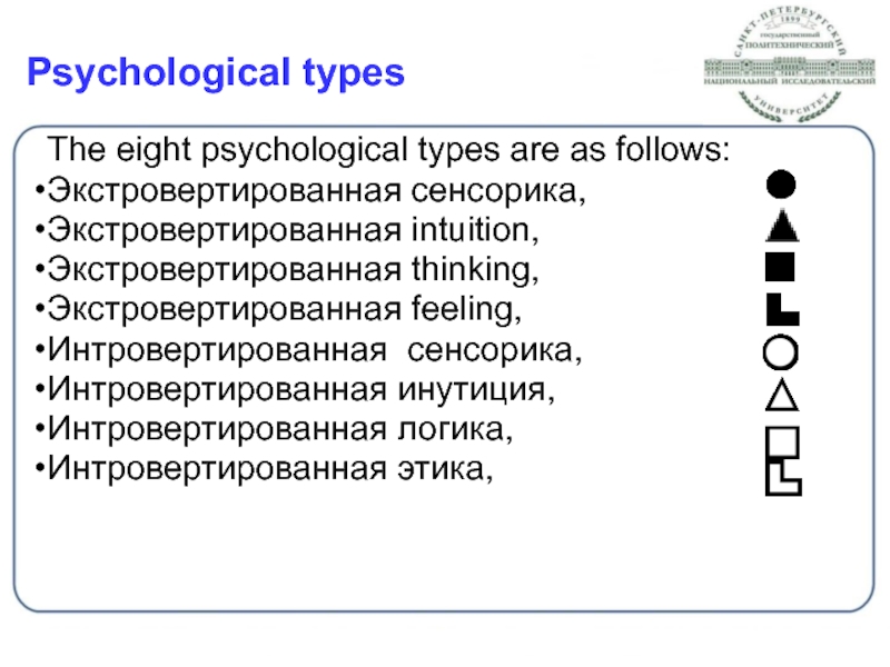 Psychological types  The eight psychological types are as follows: Экстровертированная сенсорика,