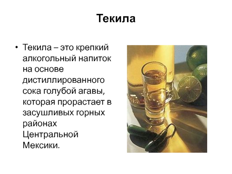 Текила Текила – это крепкий алкогольный напиток на основе дистиллированного сока голубой агавы, которая прорастает в засушливых