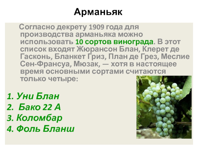Арманьяк     Согласно декрету 1909 года для производства арманьяка можно использовать 10 сортов винограда.