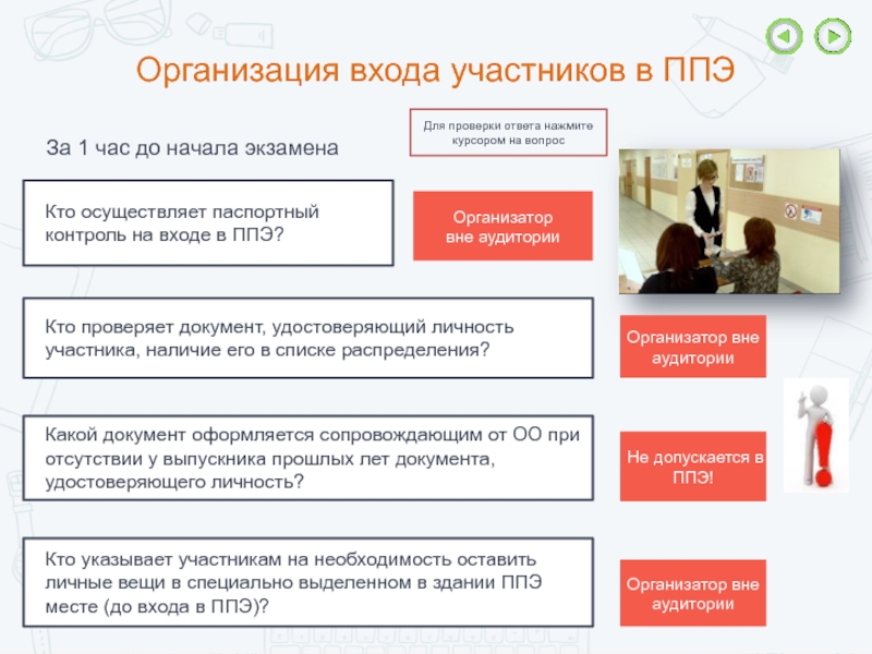 Кем осуществляется проверка документов установление соответствия личности. До входа в ППЭ. Аудитории до входа в ППЭ. Организация и проведение ГИА В ППЭ В форме ЕГЭ. Организатор в аудитории до входа.