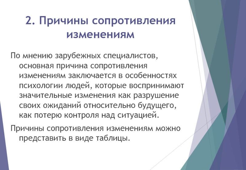 Оказание сопротивления сотруднику. Причины сопротивления изменениям. Особенности психологической подготовки организационных изменений. Изменение мнения. Деструкция ожидания это.