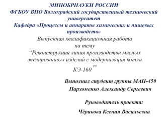 Реконструкция линия производства мясных желированных изделий с модернизация котла КЭ-160