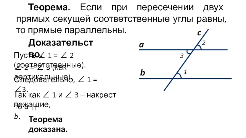 Доказать что при пересечении двух параллельных прямых секущей соответственные углы равны с рисунком