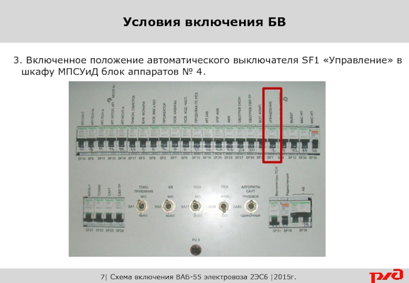 3. Включенное положение автоматического выключателя SF1 «Управление» в шкафу МПСУиД