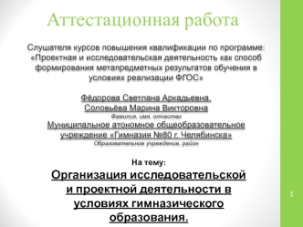 Аттестационная работа. Организация исследовательской и проектной деятельности в условиях гимназического образования