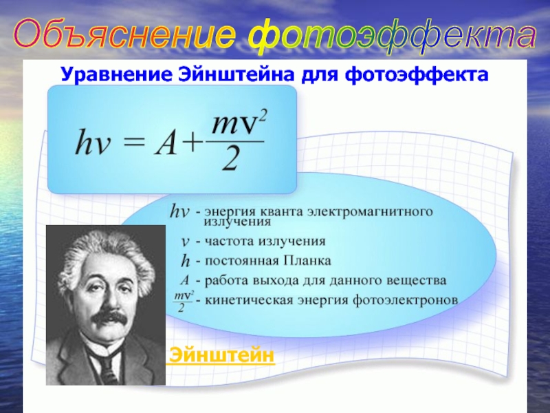 Энергия вызывающая фотоэффект. Уравнение Эйнштейна для фотоэффекта. Формула Эйнштейна для внешнего фотоэффекта. Уравнение Эйнштейна для фотоэффекта через энергию. Уравнение Эйнштейна для фотоэффекта физика.