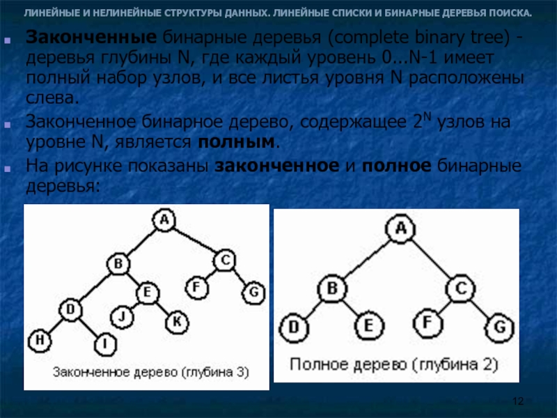 Линейный список структур. Структура бинарного дерева. Глубина бинарного дерева. Бинарное дерево поиска. Уровни бинарного дерева.