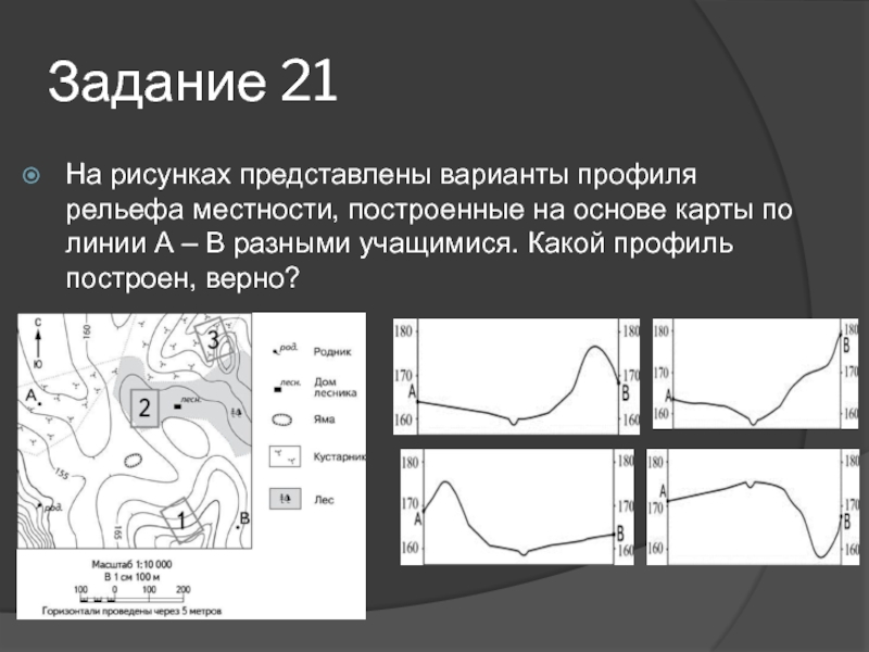 На рисунках представлены варианты профиля рельефа местности построенные на основе карты по линии а