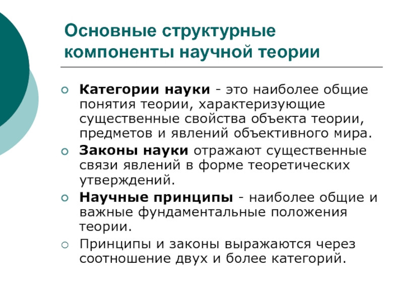 Элементы научной теории. Компоненты научной теории. Структурные науки. Основные категории науки.