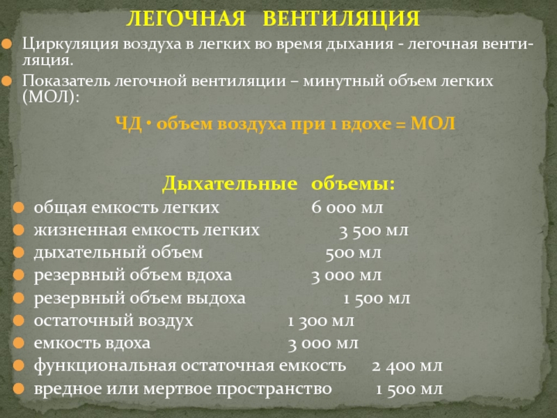 Жизненная емкость легких легочная вентиляция. Показатели вентиляции легких: легочные объемы.. Объем легочной вентиляции. Основные показатели легочной вентиляции. Минутный объем легочной вентиляции.