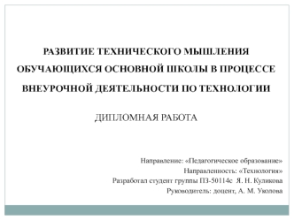 Развитие технического мышления обучающихся основной школы в процессе внеурочной деятельности по технологии