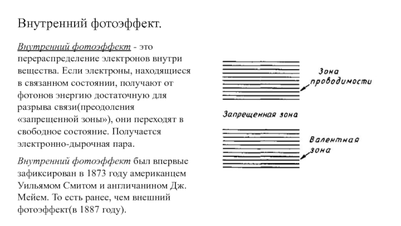 Фотоэффект калия. Запрещенная зона внутренний фотоэффект. Внутренний фотоэффект. Внутренний фотоэффект ширина запрещенной зоны. Перераспределение электронов.