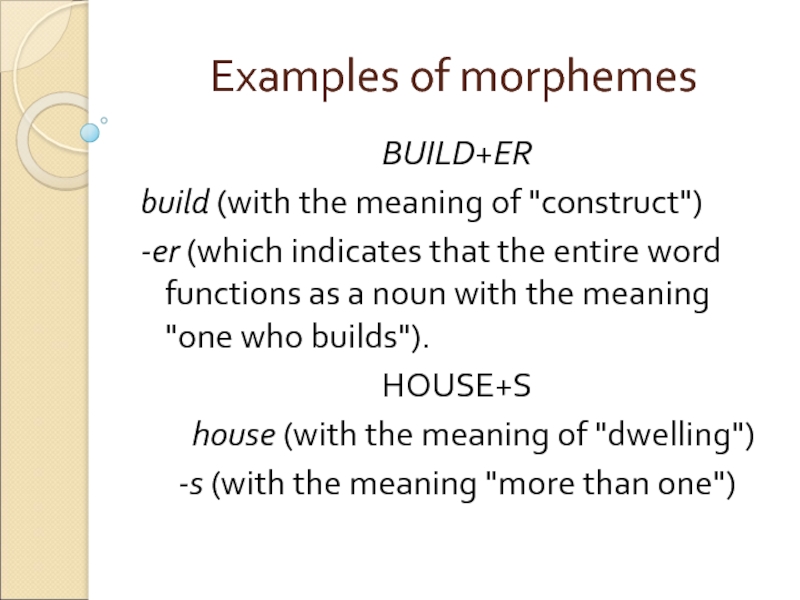 Examples of morphemes BUILD+ER build (with the meaning of 