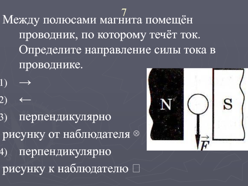 На рисунке показан проводник с током помещенный между полюсами магнита