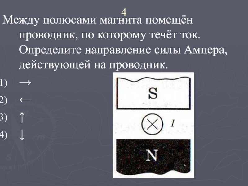 На рисунке показан проводник с током помещенный между полюсами магнита укажите направление ампера